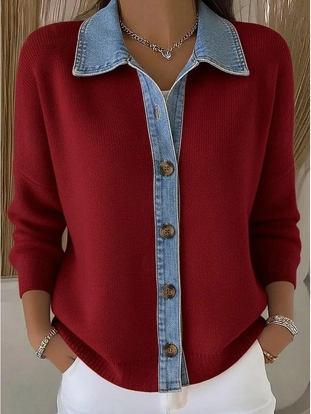 Women's Sweater Elegant Vintage Shirt Collar Patchwork Long