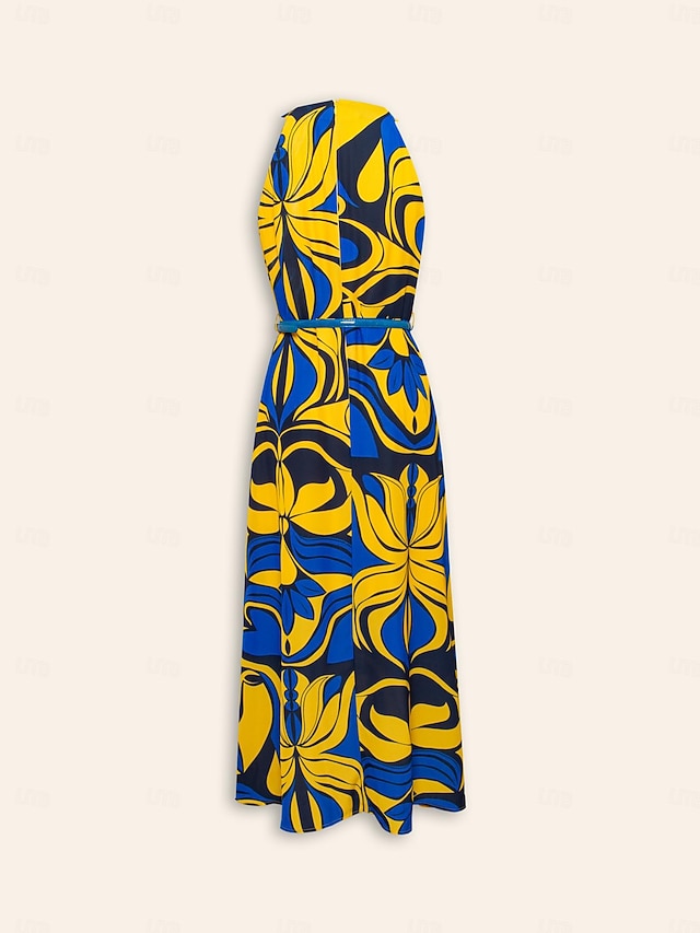 Satin Leaves Sleeveless Maxi Dress (No Belt)