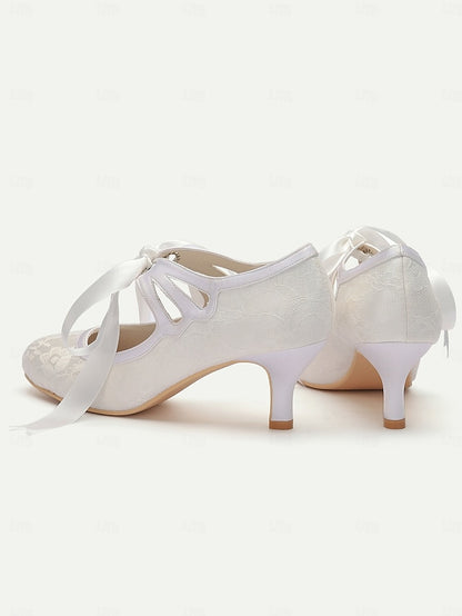 Satin Ribbon Bridal - Elegant White Pumps Vintage Lace with Ties