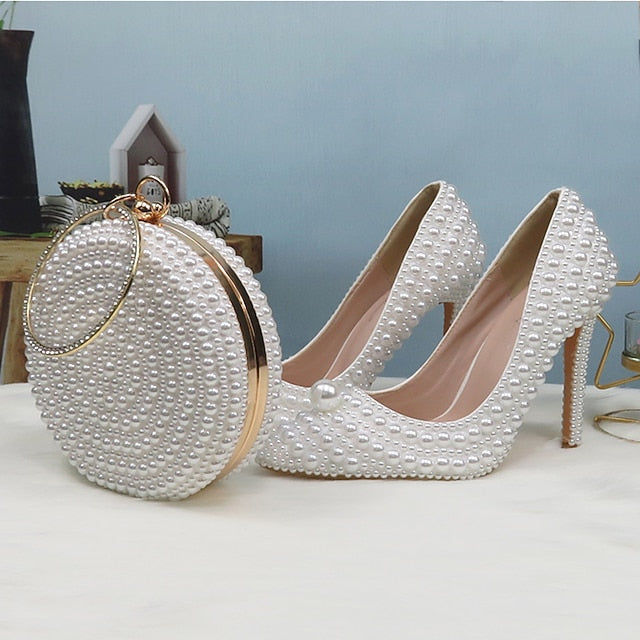 Purse White and Stiletto Round Pearl-Embellished Pearl Set Heels