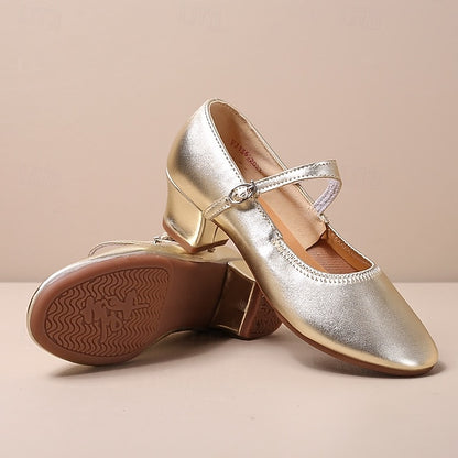 Women's with Low Mary Heel Jane Buckle Dance Gold Shoes
