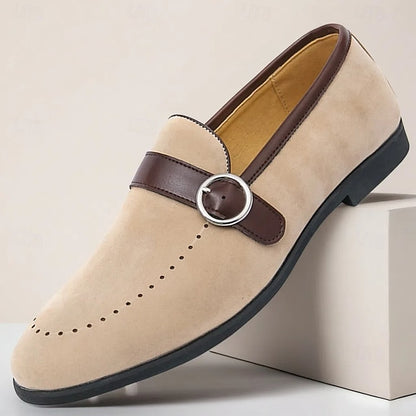 Men's Suede Brown Slip-On with Buckle Faux Strap Loafers
