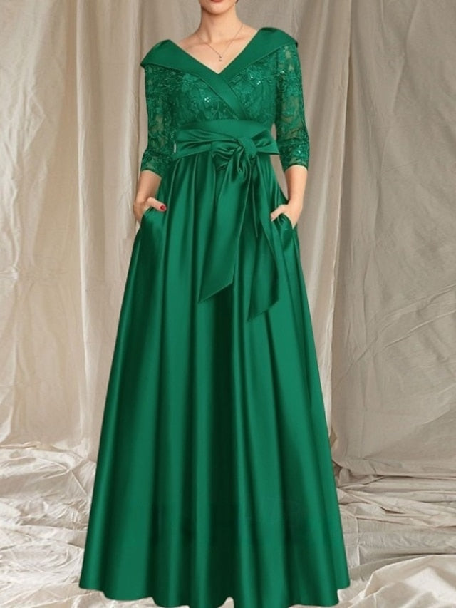 Neck Dress Guest Elegant the A-Line Mother of Wedding V Bride