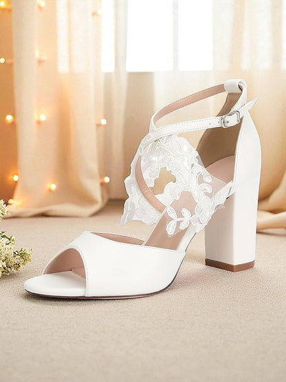 Strap White Lace Heel Ankle Women's Sandals - Block with
