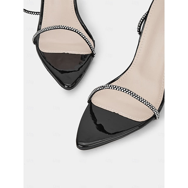 Black Lace-Up Stiletto Women's Sandals – Sexy Rhinestone