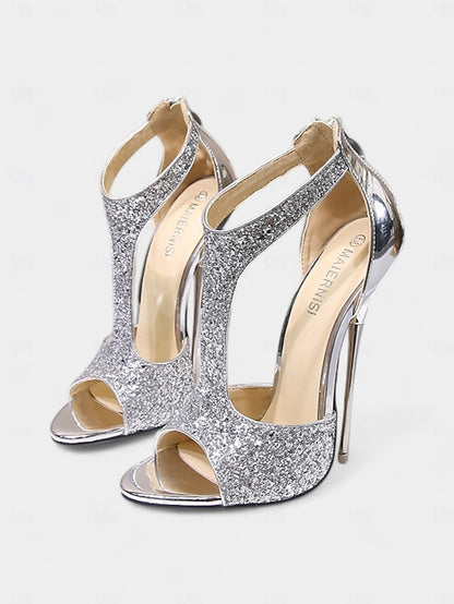 Design T-Strap Open Toe Glitter Gold and for Heels Stiletto with