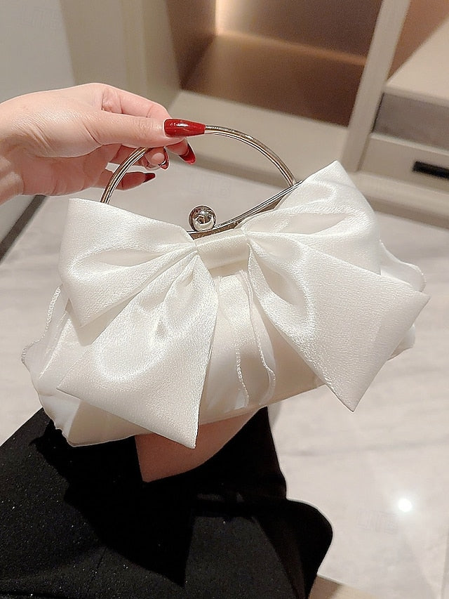 Elegant Women's Bow Clutch – Satin Pearl Bag Evening