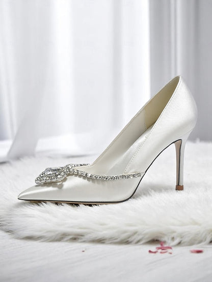 Crystal with Satin Wedding Pointed Women's Toe Heels White