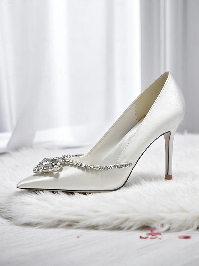 Heels White Women's Satin Wedding Toe Pointed with Crystal