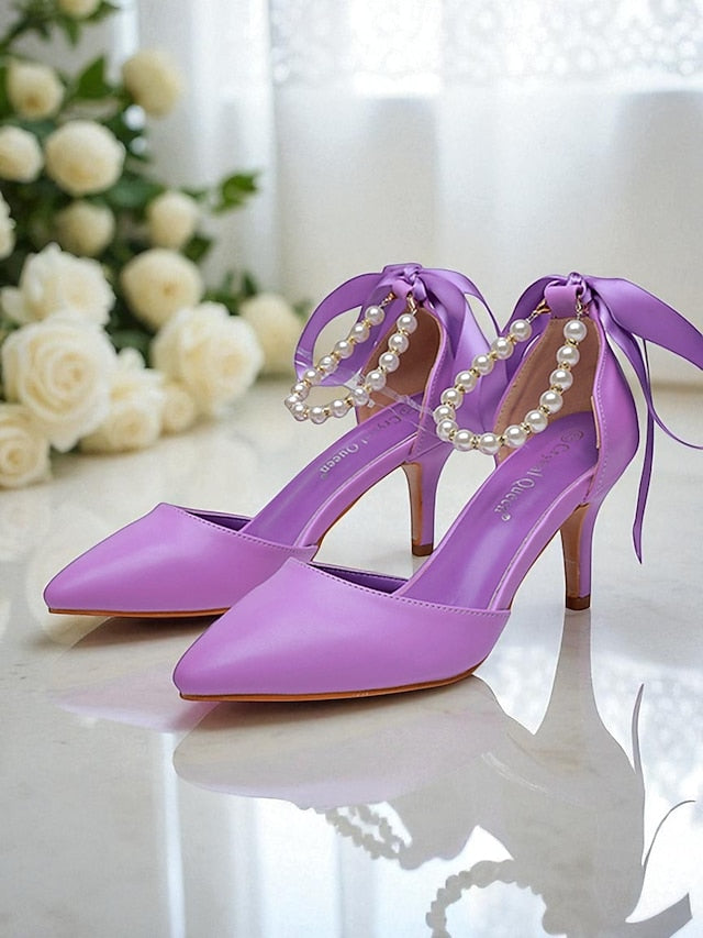 Ankle with Strap Bow Women's Pearl Heel - Kitten Pumps Blue