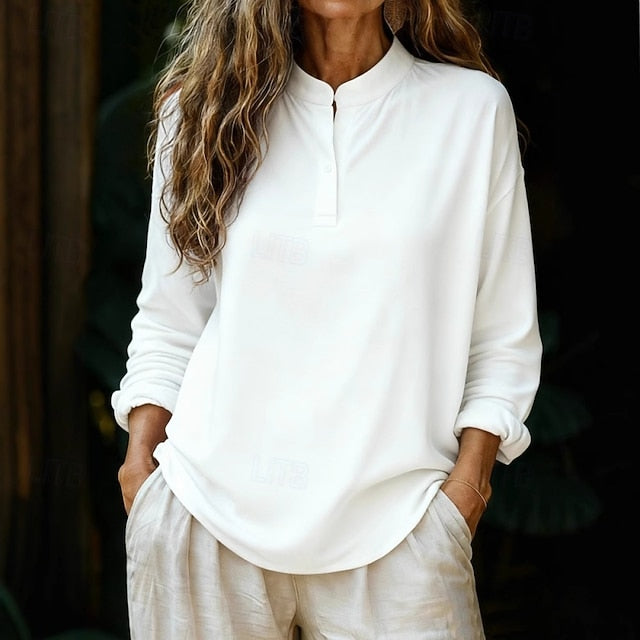 Women's Shirt Blouse Faux Cotton Linen Plain Stylish Modern