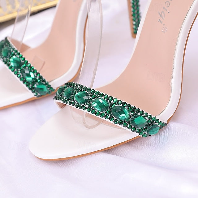 Women's Ankle Stiletto with Matching Rhinestone Heels Green