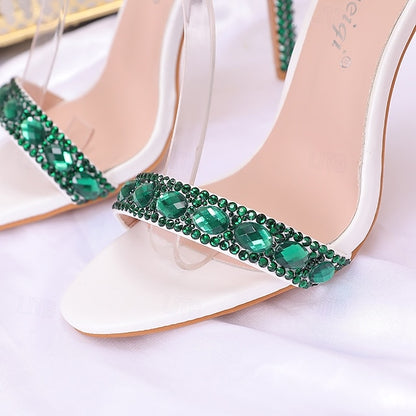 Women's Ankle Stiletto with Matching Rhinestone Heels Green