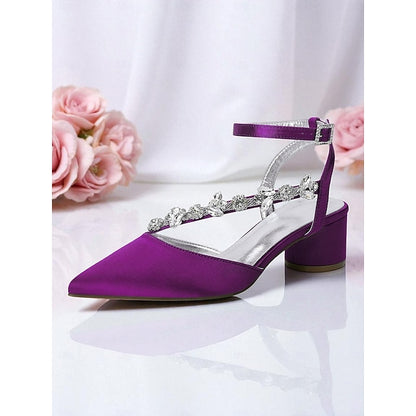 Heel Rhinestone Block Pumps Purple Women's with Satin