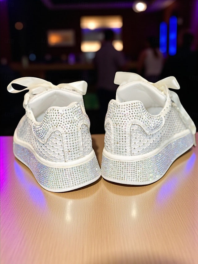 Rhinestone Sneakers with Women's Ribbon White Satin Laces