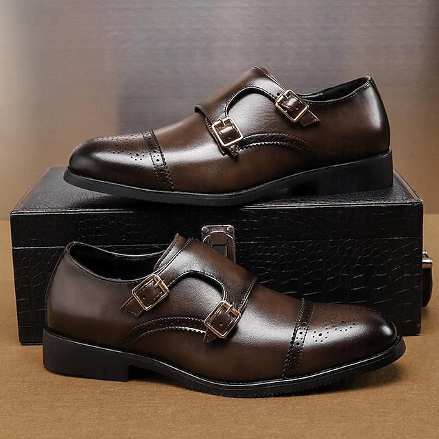 Shoes Men's Double Strap Leather with Faux Brown Monk