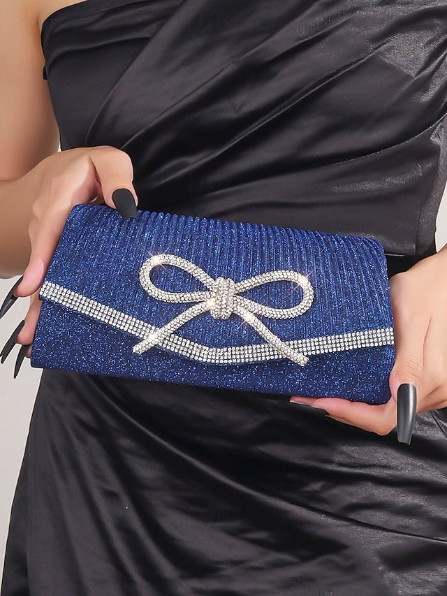 Blue Rhinestone Clutch Purse with Bow Glitter Accent