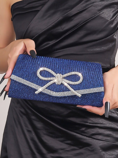 Blue Rhinestone Clutch Purse with Bow Glitter Accent