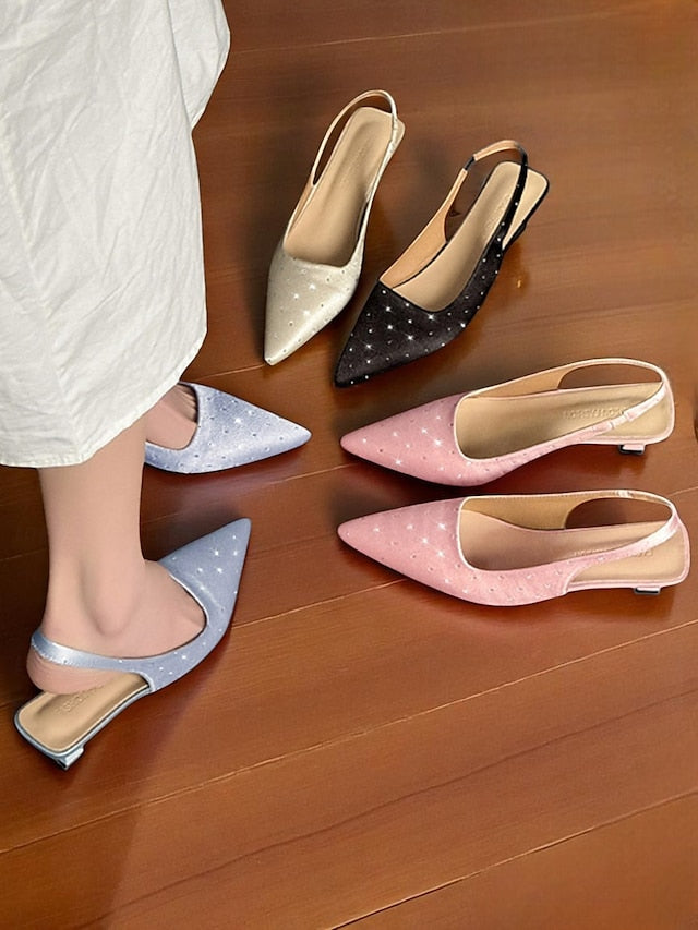 Heels Kitten Studs Satin Women's with Slingback Rhinestone