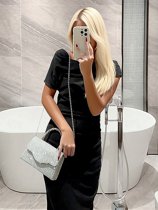 Handle Handbag with Glitter Rhinestone Women's Silver –