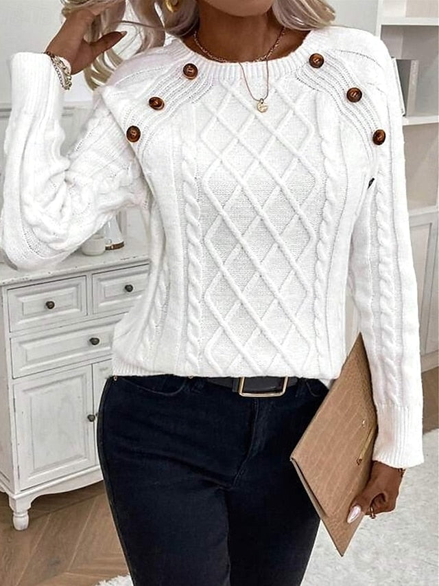 Women's Sweater Casual Soft Pure Color Cable Crew Neck