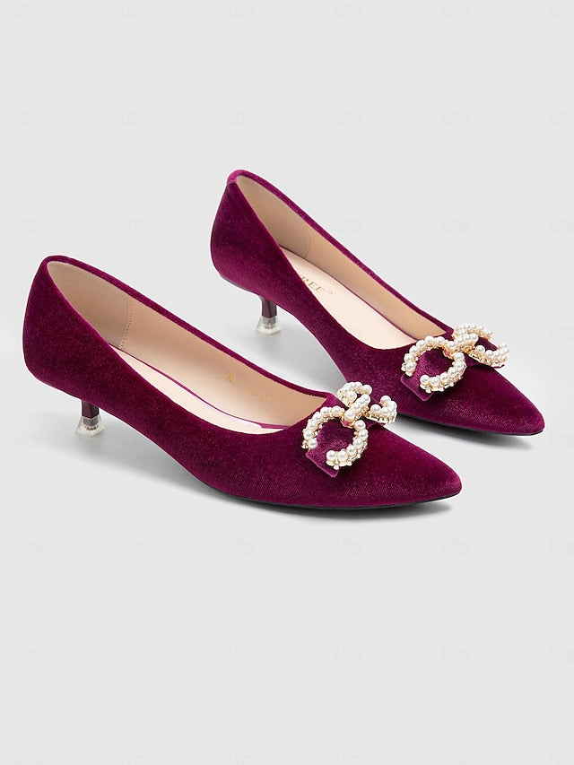 Bow Kitten with Pearl Pumps - Velvet Burgundy Heel Women's