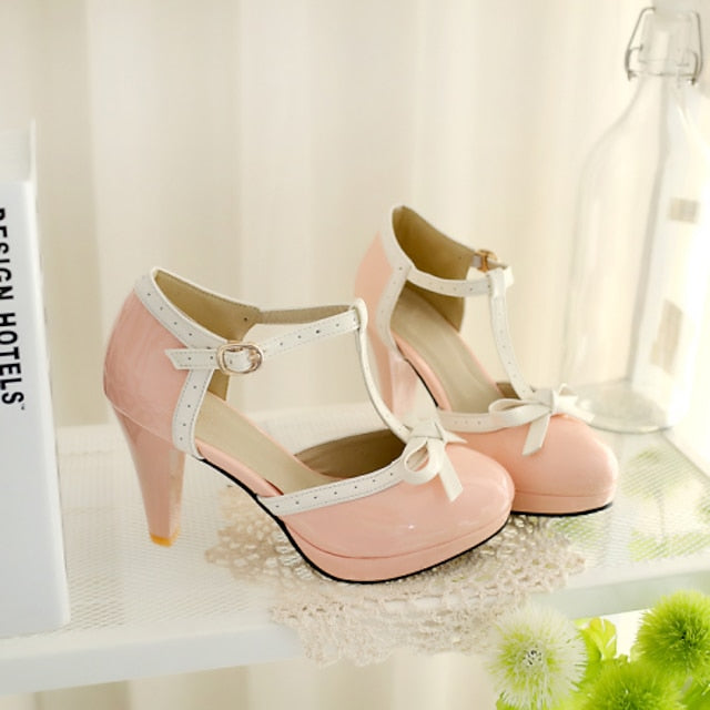 Heels Women's Black with Leather Patent White T-Strap High