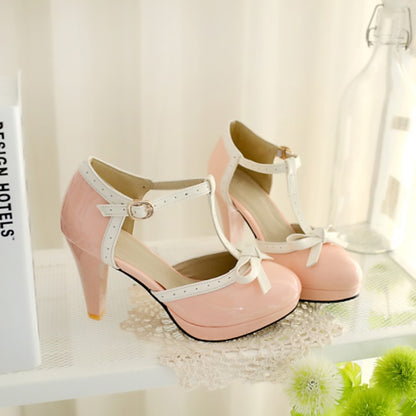 Heels Women's Black with Leather Patent White T-Strap High