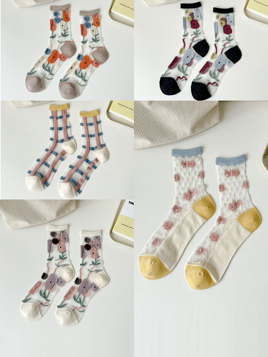 5 Paar dünne Damensocken mit Blumen-Sommermotiv, Jacquardmuster, CX040