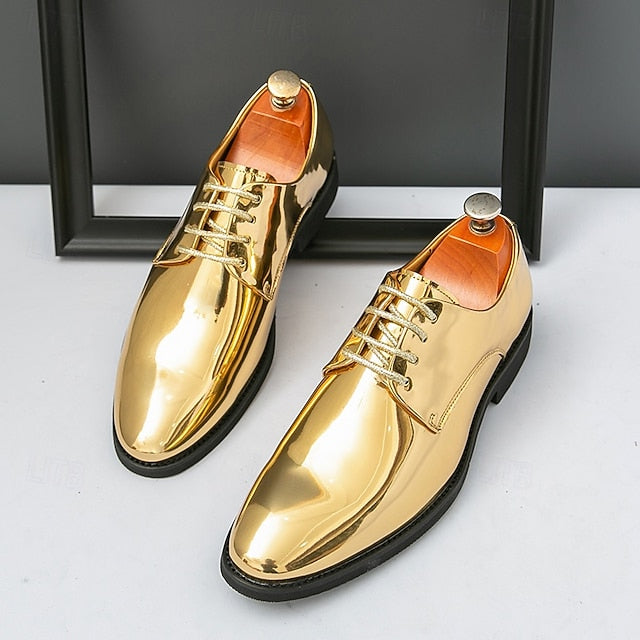 Patent Lace-Up Shoes Sleek Gold for Shiny – Leather Men