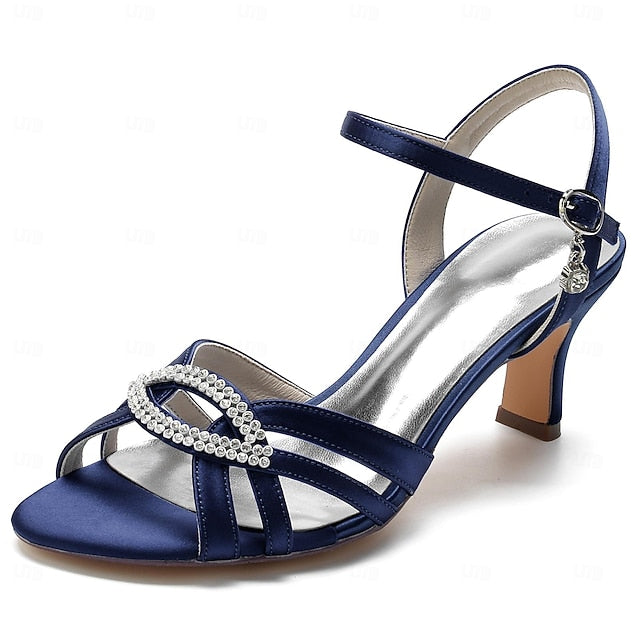 Women's Strappy Dark Heels Satin Rhinestone Blue with