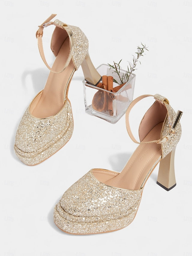 Women's Gold Platform Heels Glitter High