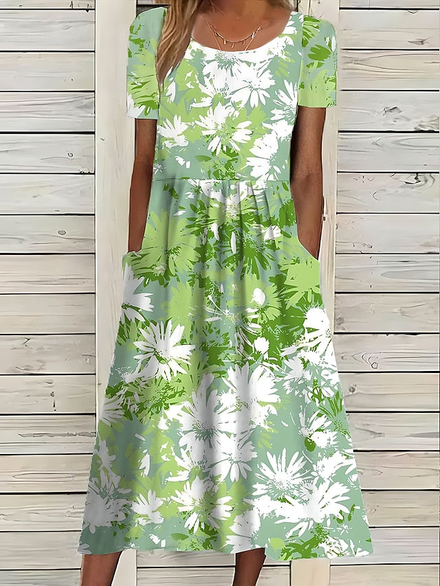 Women's Midi Dress Floral Pocket Print Crew Neck Daily Date
