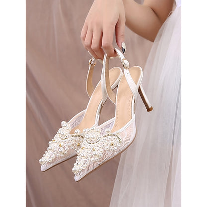 Pearl-Embellished Slingback White Pointed-Toe Kitten Heel with