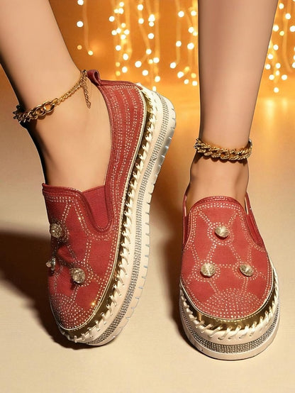 Sneakers with Red Platform Rhinestone Women's Slip-On Studs