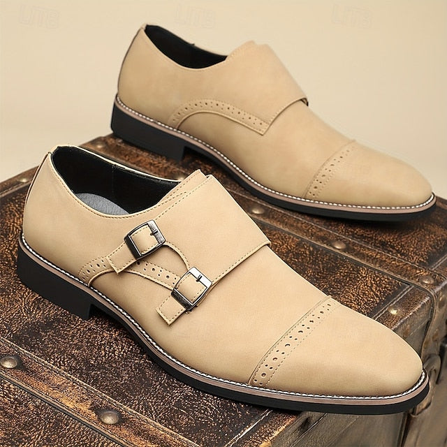 Faux Strap Shoes Men's with Double Leather Monk Beige