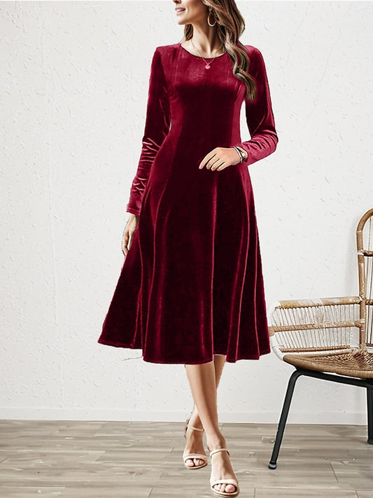 Women's Midi Dress Long Sleeve Velvet Burgundy Elegant