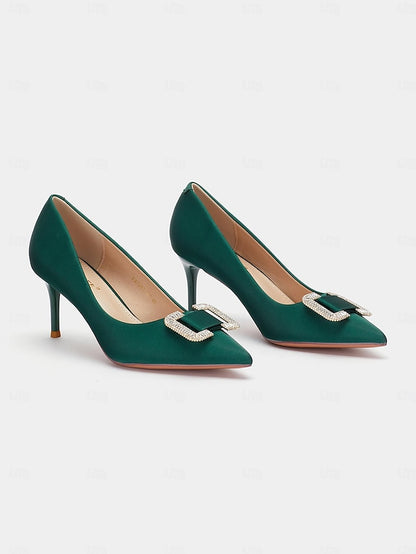 for Elegant Green Pumps Buckle with Satin Women: Rhinestone