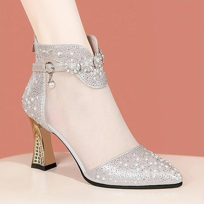 – Golden Women's Boots with Rhinestone Mesh Heels Ankle