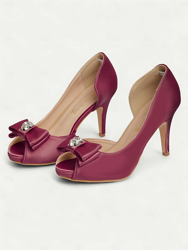 Champagne Satin Bow Women's Peep and Toe Heels with