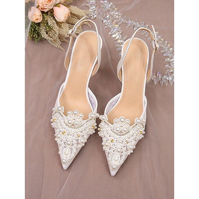 Pearl-Embellished Slingback White Pointed-Toe Kitten Heel with