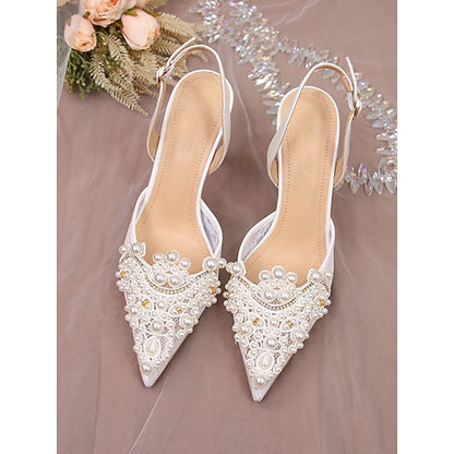 Pearl-Embellished Slingback White Pointed-Toe Kitten Heel with