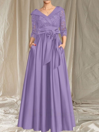 Neck Dress Guest Elegant the A-Line Mother of Wedding V Bride