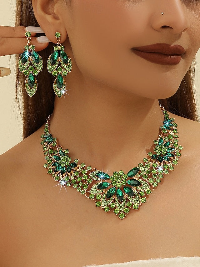 Green Crystal Elegant Statement Set Jewelry Necklace –