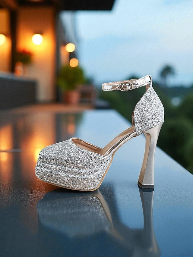 Women's High Glitter Platform Heels Gold