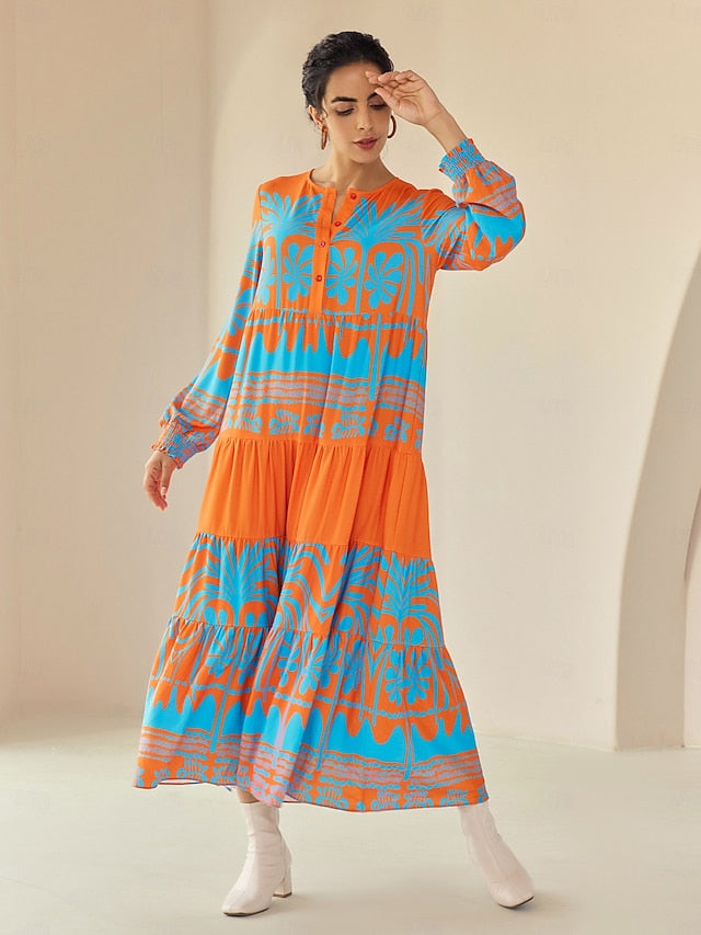 Plants Linear Button Up Crew Neck Ethnic Casual Maxi Dress