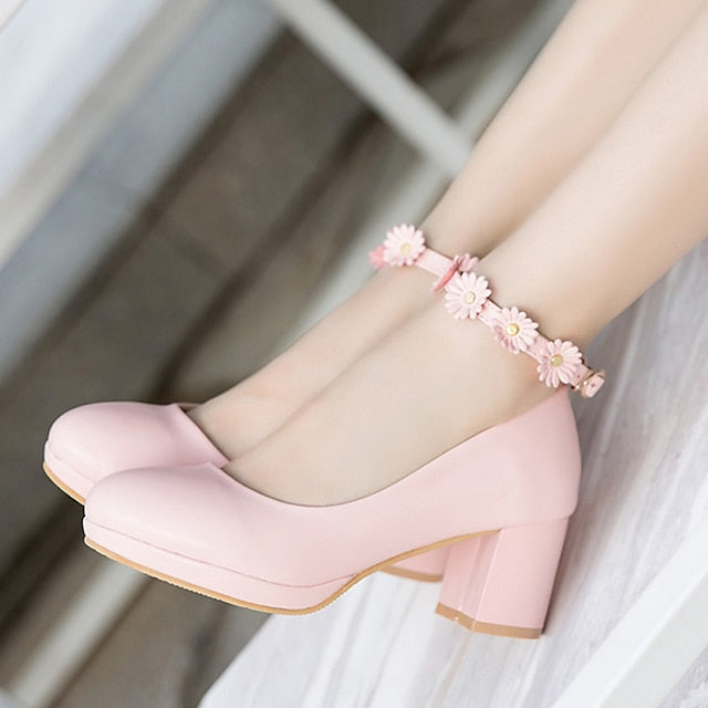 Ankle Daisy Block Heel Flower with Girls' White Shoes