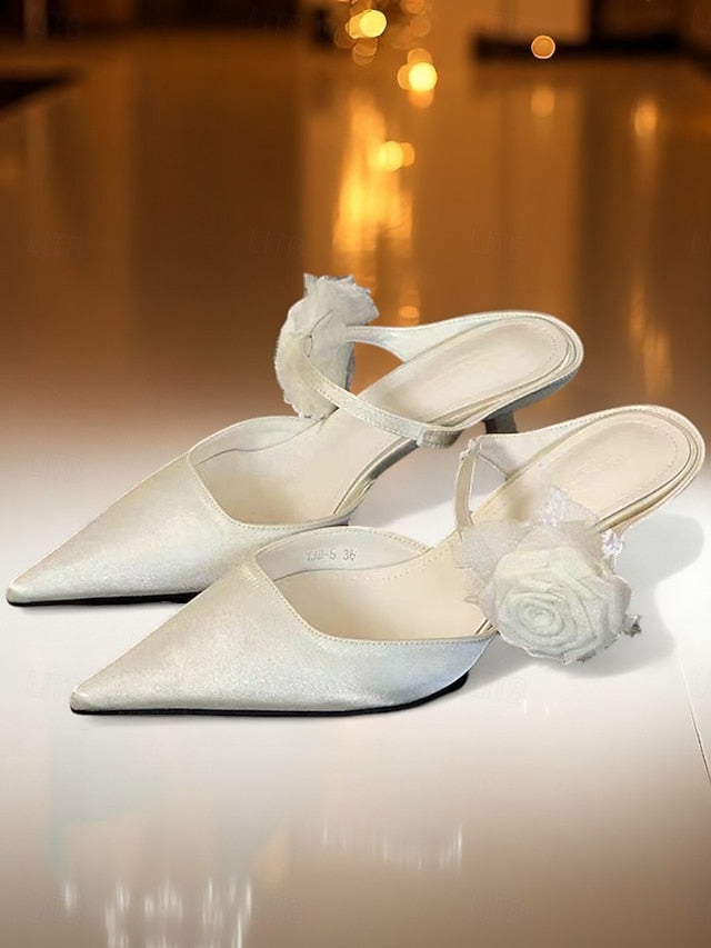 Satin Heels with Green Floral Toe Pointed Ankle Women's