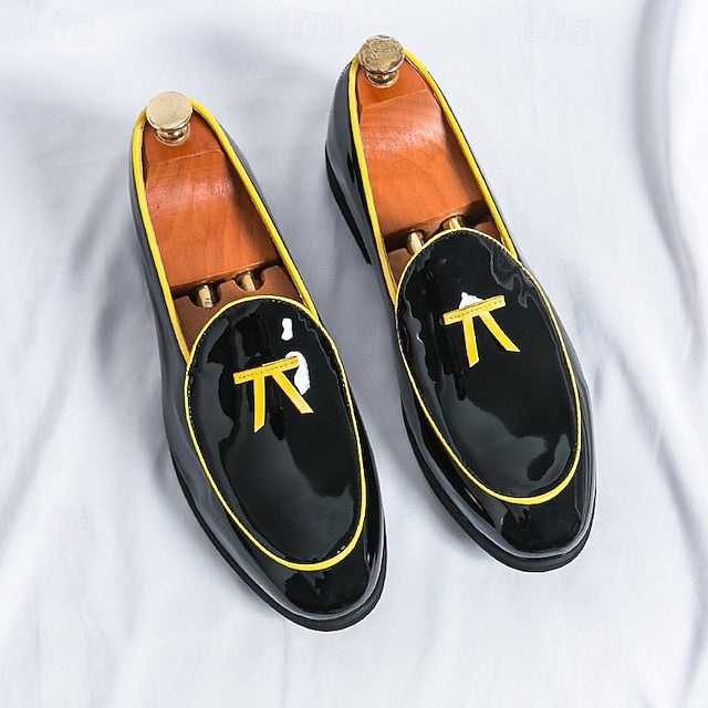 Leather Black Men's Patent Yellow Trim Loafers Faux with