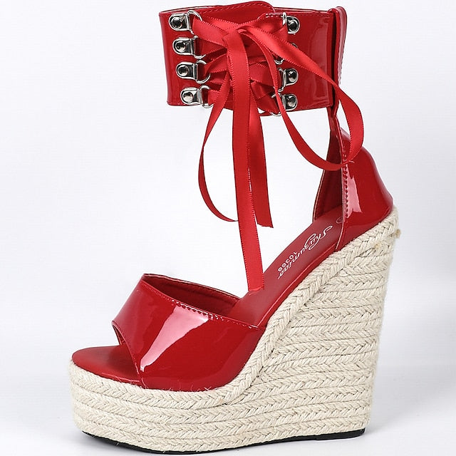 Patent with Black Leather Espadrille Wedge Women's Sandals